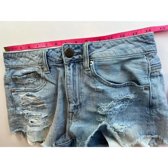 American Eagle Hi-Rise Festival Shorts Womens 4 Blue Denim Distressed Casual - Picture 7 of 9